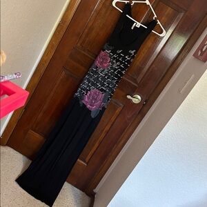 Elegant Black Maxi Dress with Pink Floral Accents